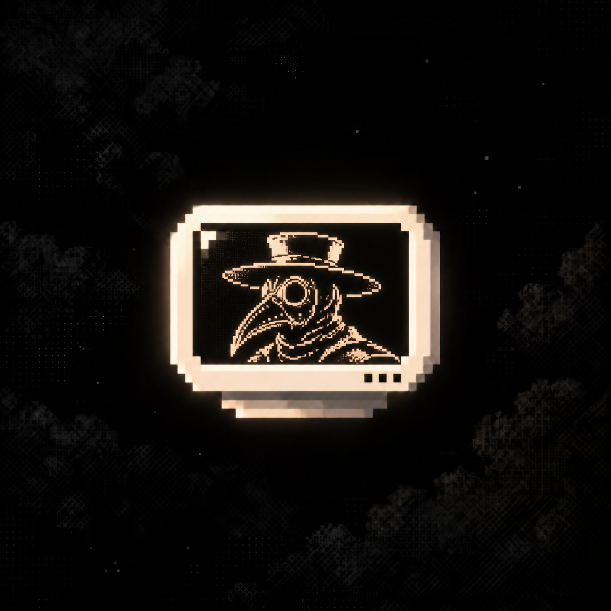 Pixel plague doctor appearing on a glowing vintage monitor